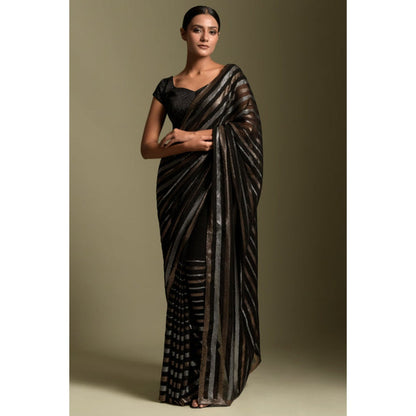 "Two Sisters" by Gyans Black Georgette Stripes Cap Pre-draped Saree with Stitched Blouse