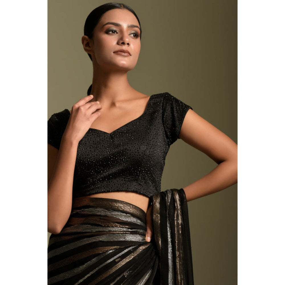 "Two Sisters" by Gyans Black Georgette Stripes Cap Pre-draped Saree with Stitched Blouse