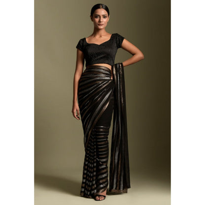 "Two Sisters" by Gyans Black Georgette Stripes Cap Pre-draped Saree with Stitched Blouse