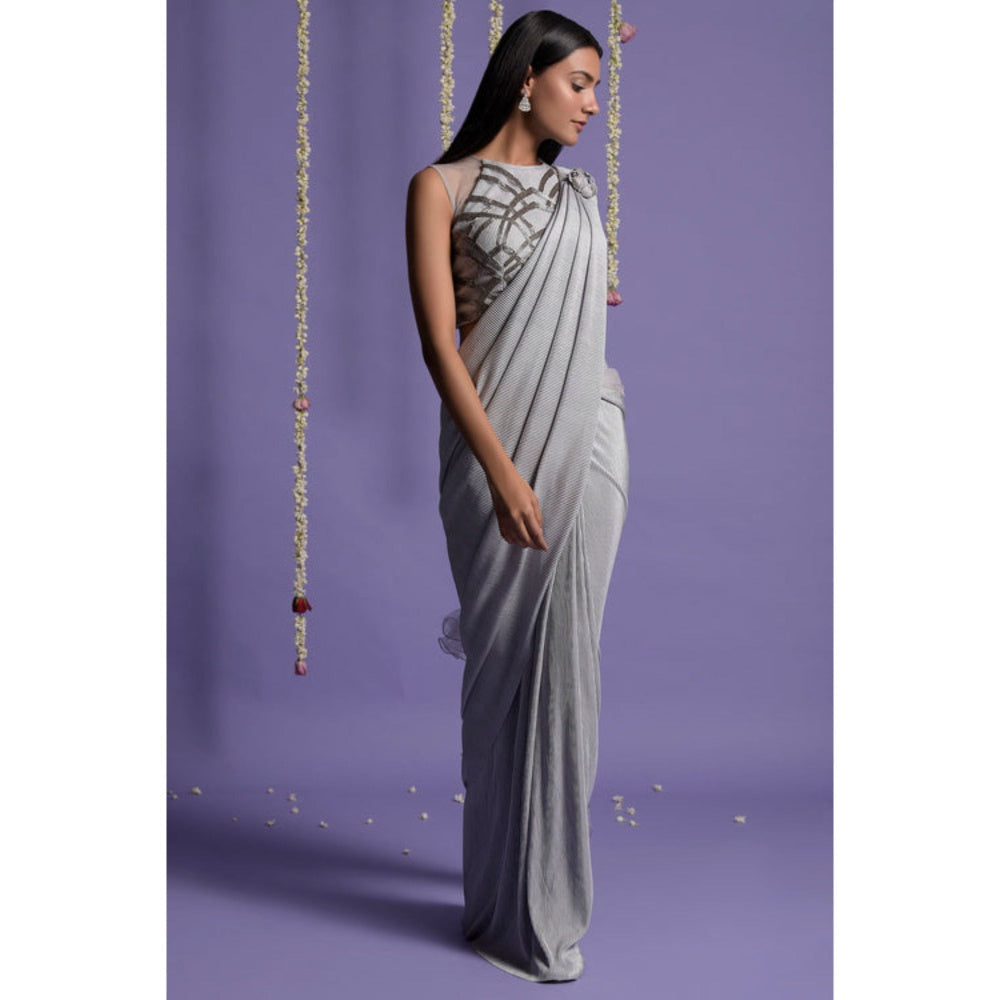 "Two Sisters" by Gyans Grey and Silver Lycra Draped Saree with Stitched Blouse