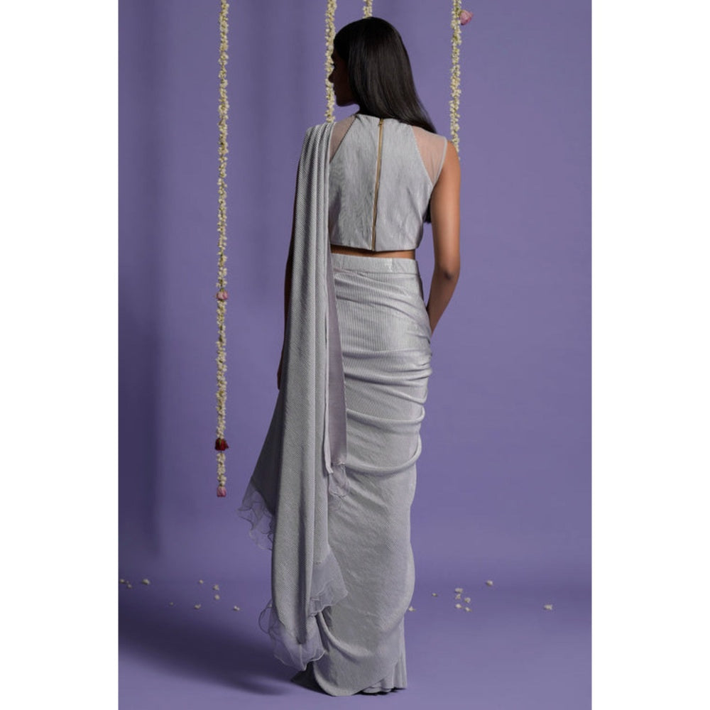 "Two Sisters" by Gyans Grey and Silver Lycra Draped Saree with Stitched Blouse