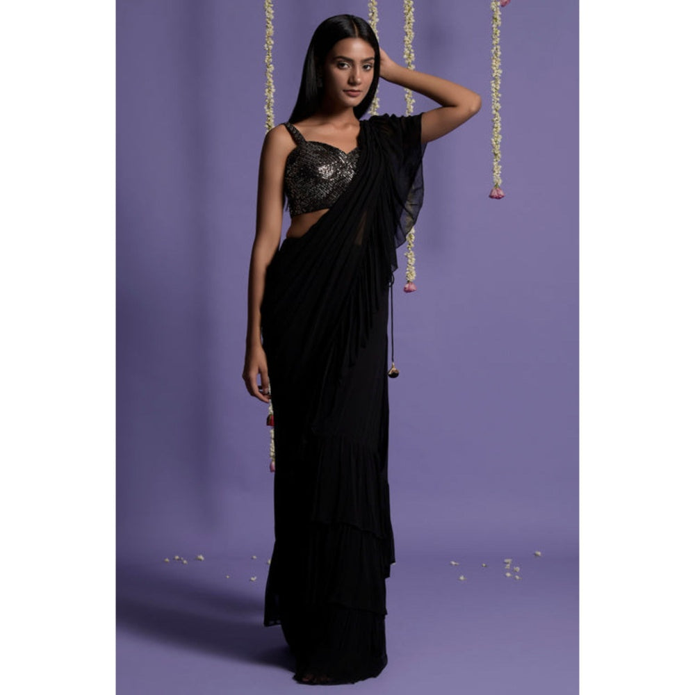 "Two Sisters" by Gyans Black Georgette Solid/Plain Pre-draped Saree with Stitched Blouse