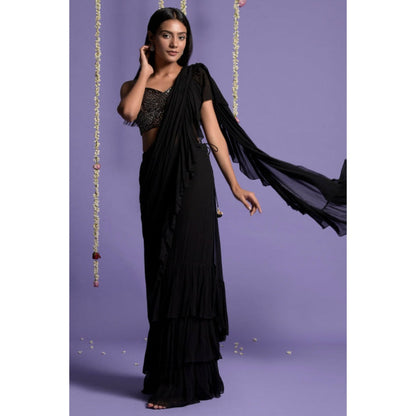 "Two Sisters" by Gyans Black Georgette Solid/Plain Pre-draped Saree with Stitched Blouse