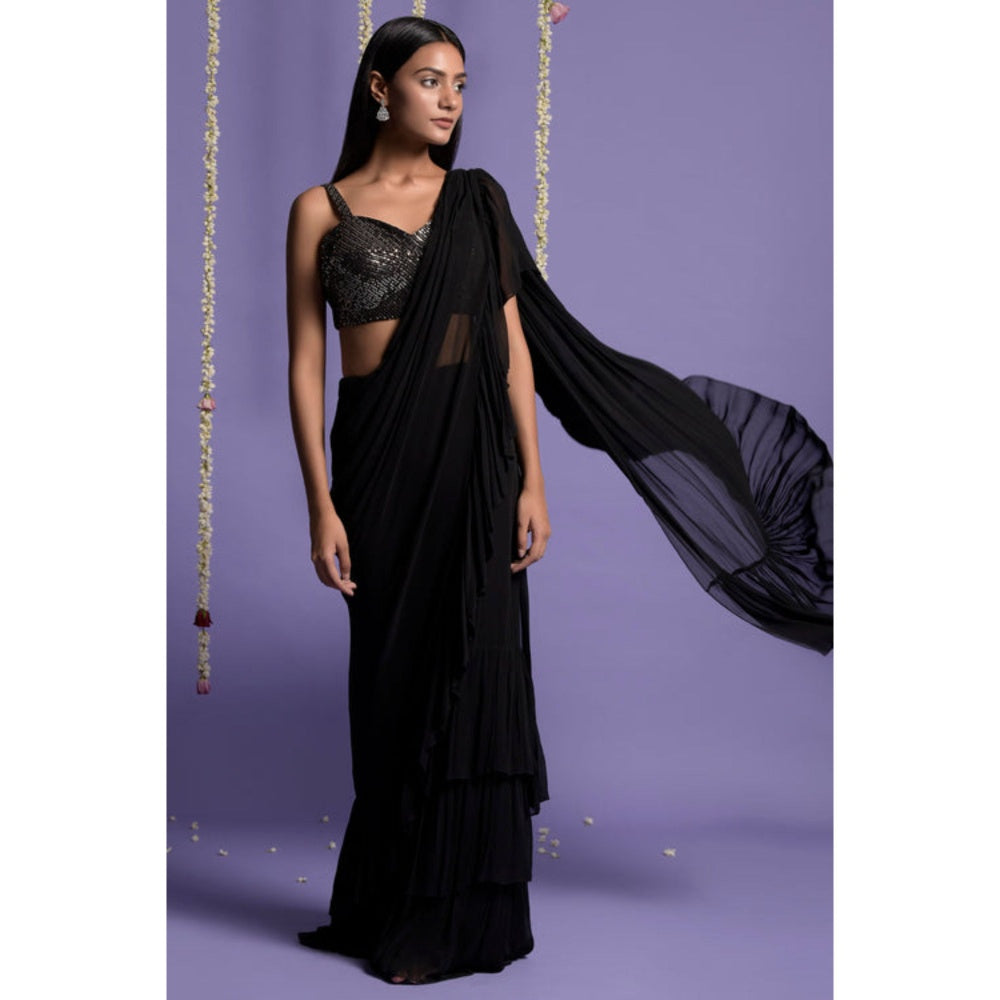 "Two Sisters" by Gyans Black Georgette Solid/Plain Pre-draped Saree with Stitched Blouse