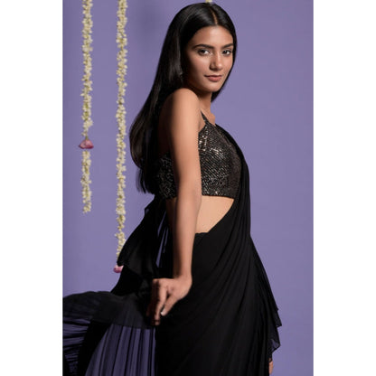 "Two Sisters" by Gyans Black Georgette Solid/Plain Pre-draped Saree with Stitched Blouse