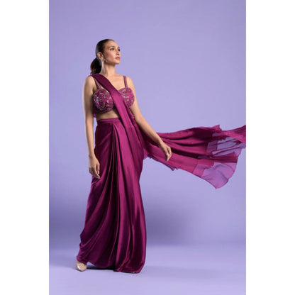 "Two Sisters" by Gyans Purple Satin Embroidered Pre-draped Saree with Stitched Blouse