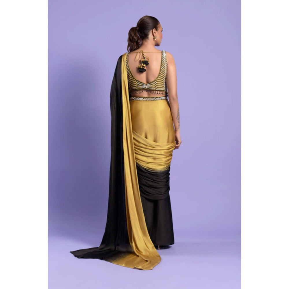 "Two Sisters" by Gyans Yellow Ombre Sleeveless Pre-draped Saree with Stitched Blouse