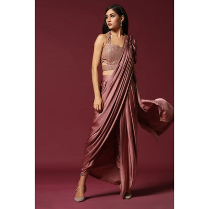 "Two Sisters" by Gyans Pink Satin Solid/Plain Pre-draped Saree with Stitched Blouse