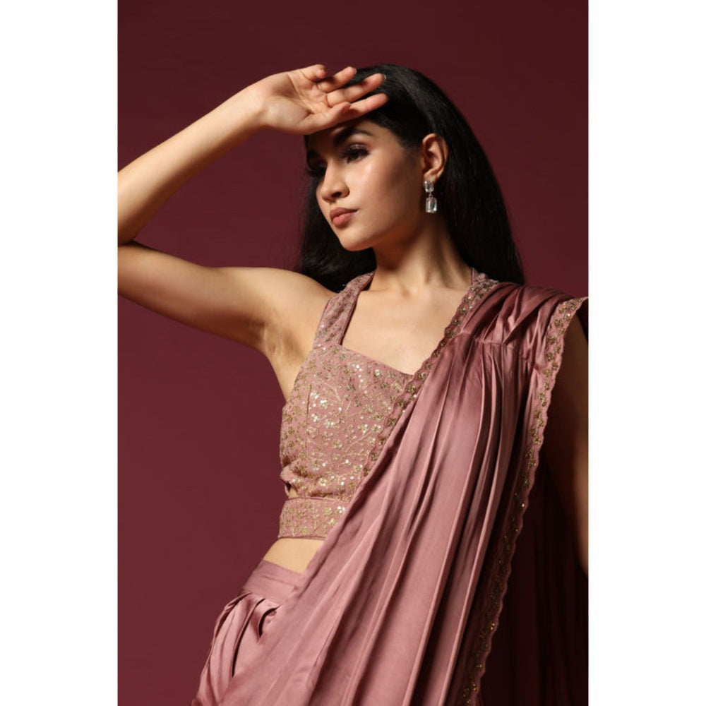 "Two Sisters" by Gyans Pink Satin Solid/Plain Pre-draped Saree with Stitched Blouse