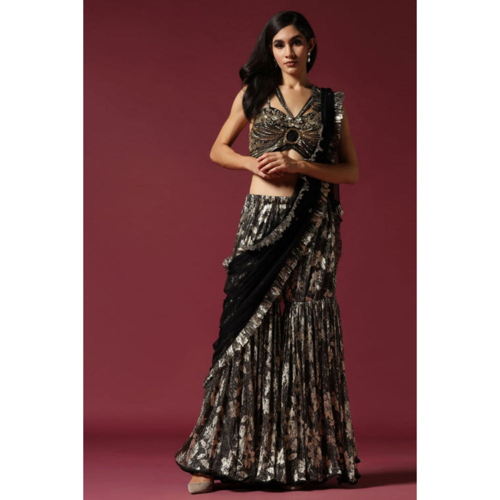 "Two Sisters" by Gyans Black and Gold Drape Saree with Stitched Blouse