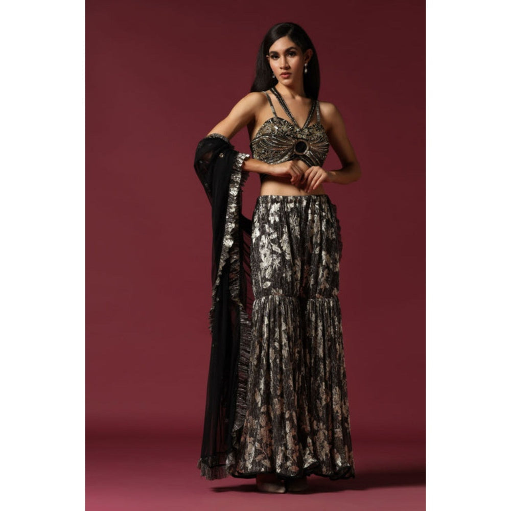 "Two Sisters" by Gyans Black and Gold Drape Saree with Stitched Blouse