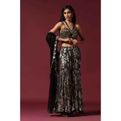 "Two Sisters" by Gyans Black and Gold Drape Saree with Stitched Blouse