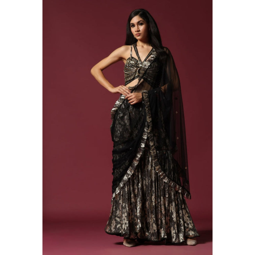 "Two Sisters" by Gyans Black and Gold Drape Saree with Stitched Blouse