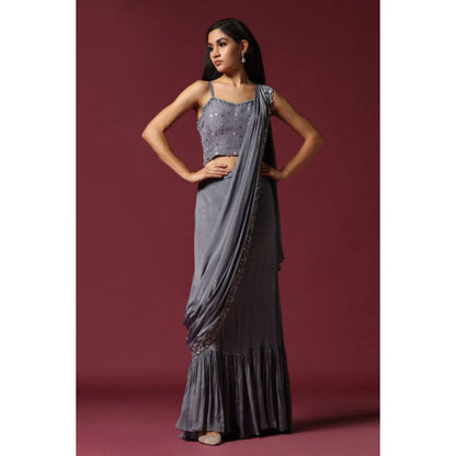 "Two Sisters" by Gyans Grey Cape Jacket and Draped Saree with Stitched Blouse