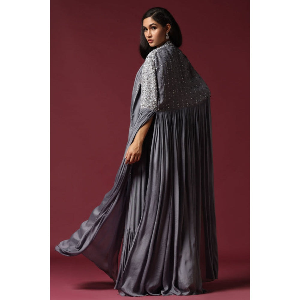 "Two Sisters" by Gyans Grey Cape Jacket and Draped Saree with Stitched Blouse