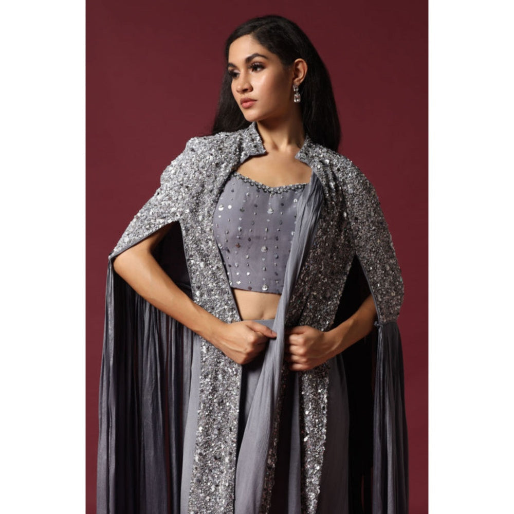 "Two Sisters" by Gyans Grey Cape Jacket and Draped Saree with Stitched Blouse