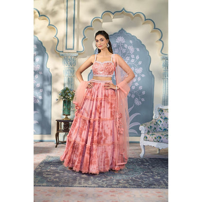 "Two Sisters" by Gyans Pink Georgette Tie And Dye Sleeveless Lehenga With Blouse And Dupatta