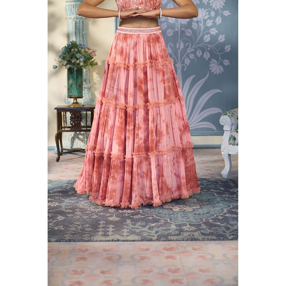 "Two Sisters" by Gyans Pink Georgette Tie And Dye Sleeveless Lehenga With Blouse And Dupatta
