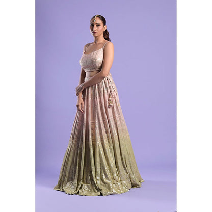 "Two Sisters" by Gyans Nude Pink Ombre Organza Lehenga Set