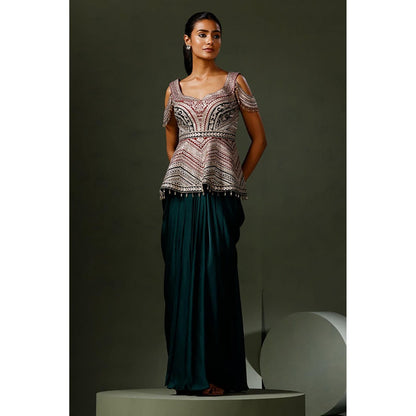 "Two Sisters" by Gyans Green Silk Embroidered Sleeveless Top And Skirt