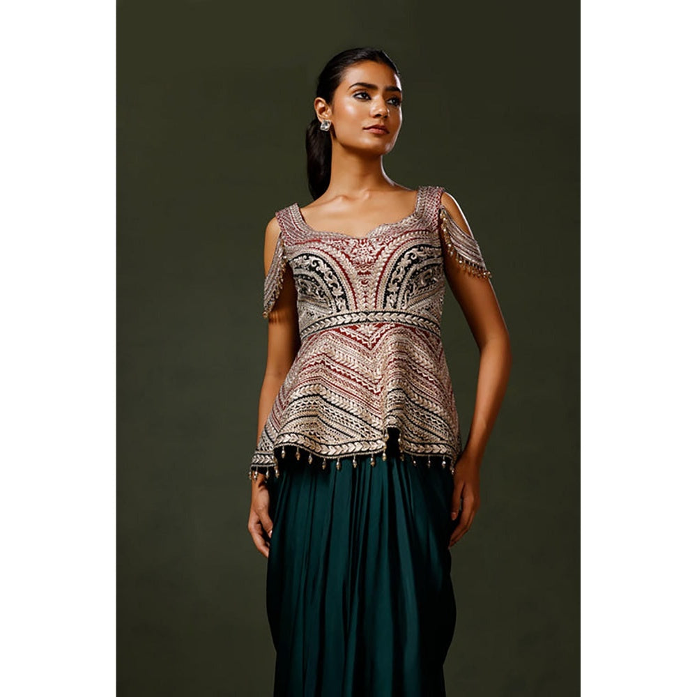 "Two Sisters" by Gyans Green Silk Embroidered Sleeveless Top And Skirt