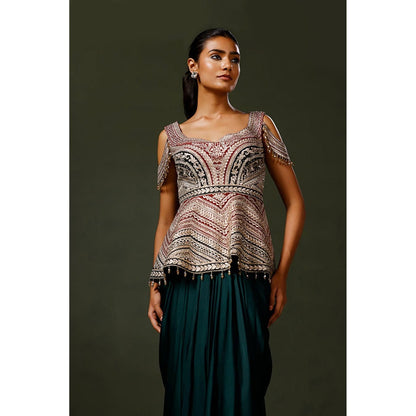 "Two Sisters" by Gyans Green Silk Embroidered Sleeveless Top And Skirt