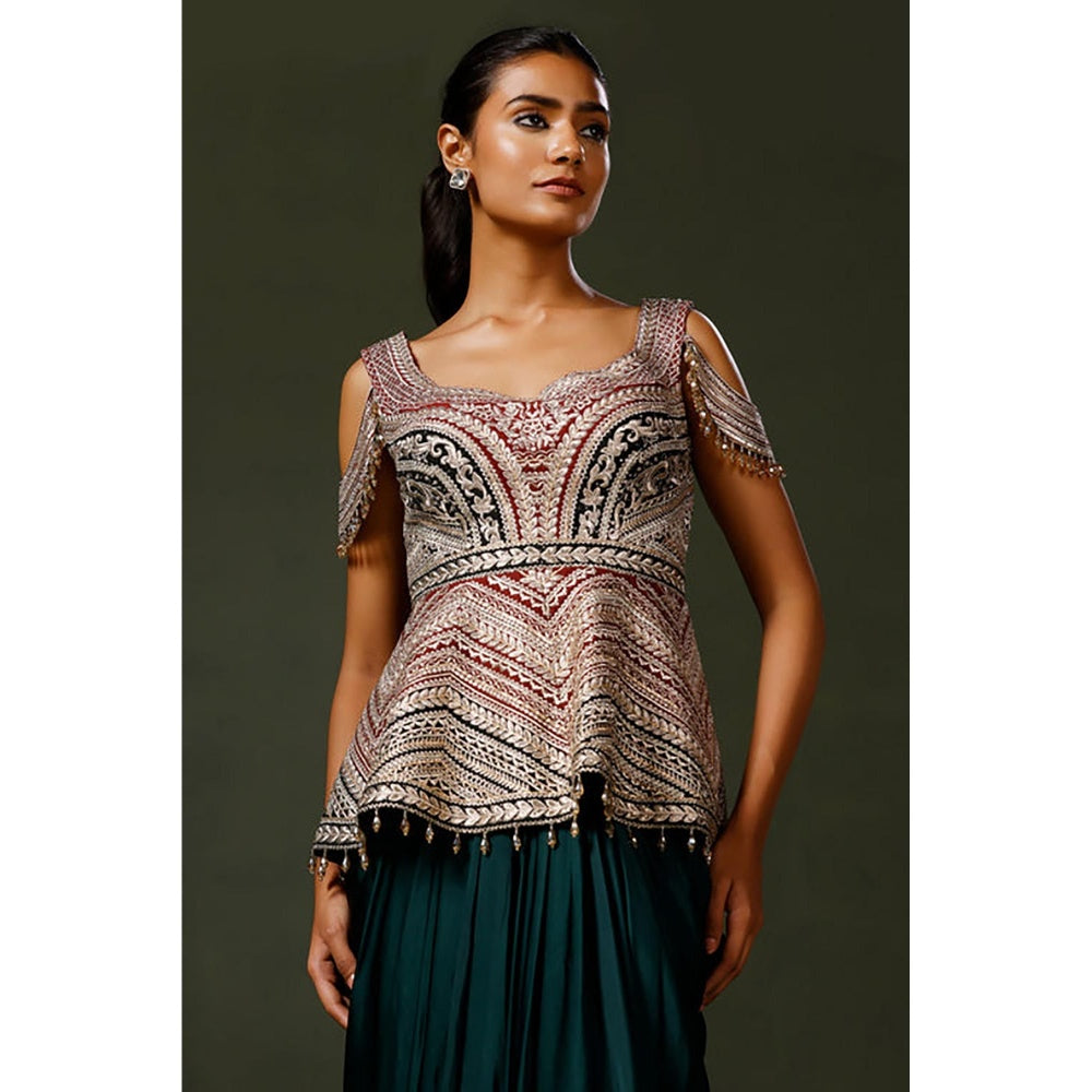 "Two Sisters" by Gyans Green Silk Embroidered Sleeveless Top And Skirt