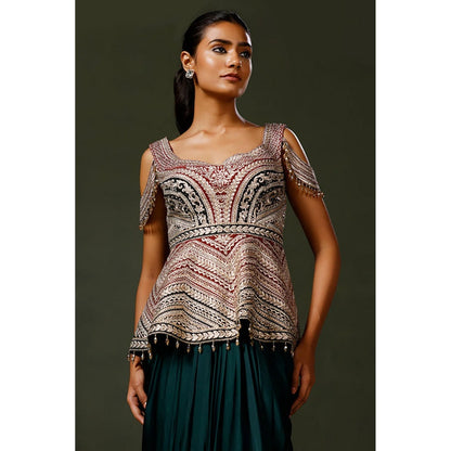 "Two Sisters" by Gyans Green Silk Embroidered Sleeveless Top And Skirt