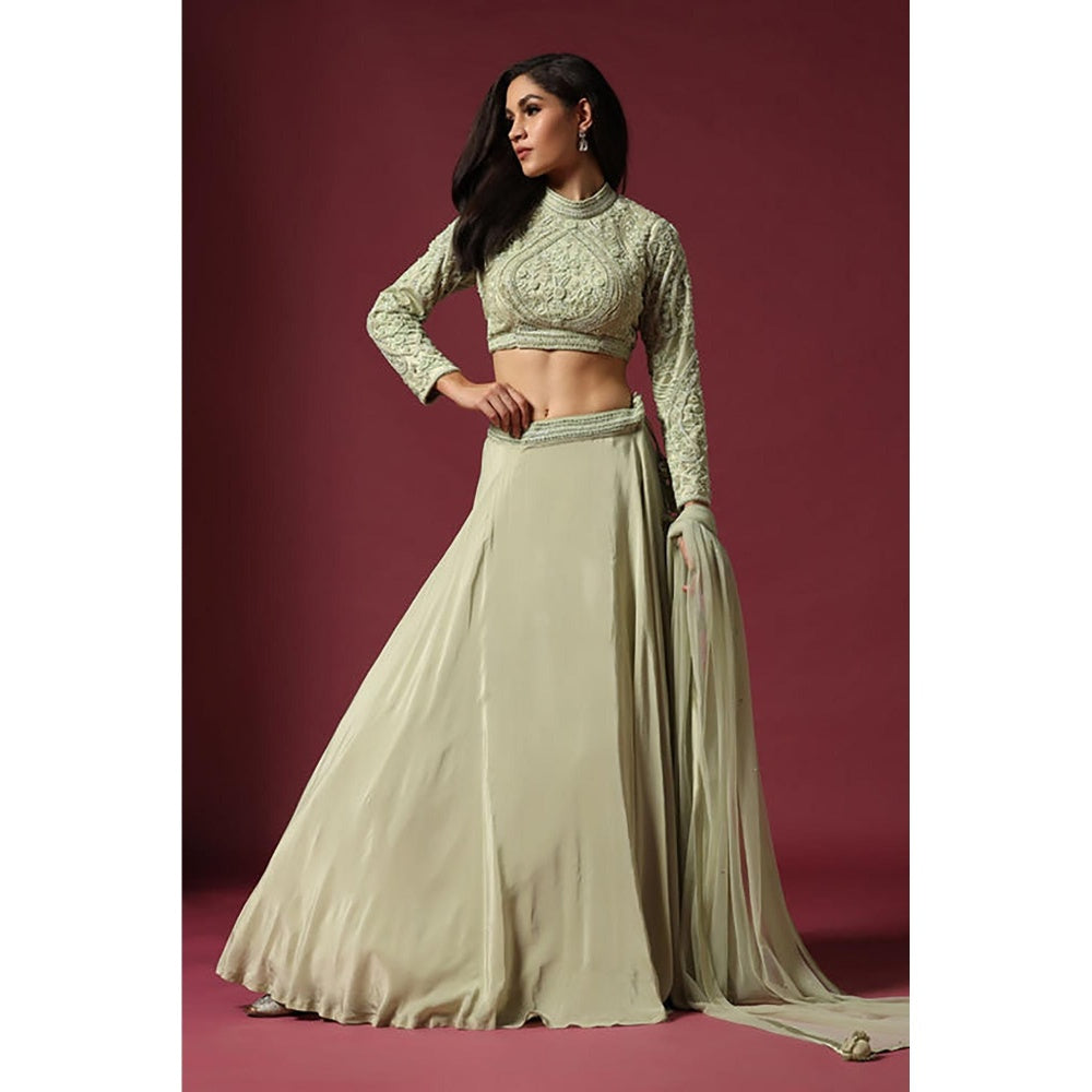 "Two Sisters" by Gyans Mint Green Embroidered Lehenga Set