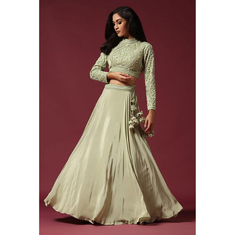 "Two Sisters" by Gyans Mint Green Embroidered Lehenga Set