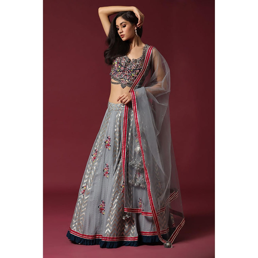"Two Sisters" by Gyans Grey Embroidered Banarasi Lehenga Set