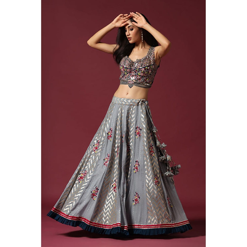 "Two Sisters" by Gyans Grey Embroidered Banarasi Lehenga Set