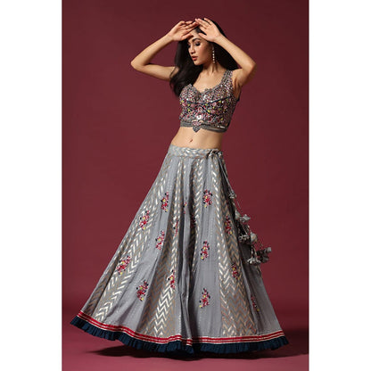 "Two Sisters" by Gyans Grey Embroidered Banarasi Lehenga Set
