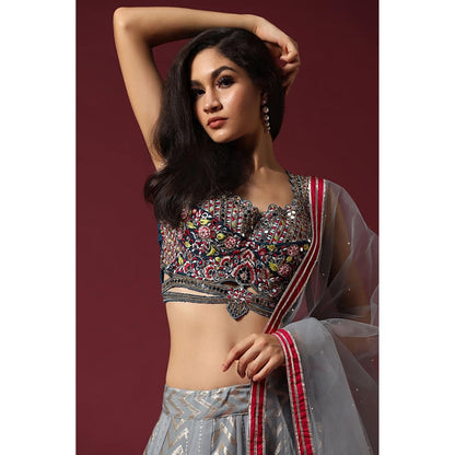 "Two Sisters" by Gyans Grey Embroidered Banarasi Lehenga Set