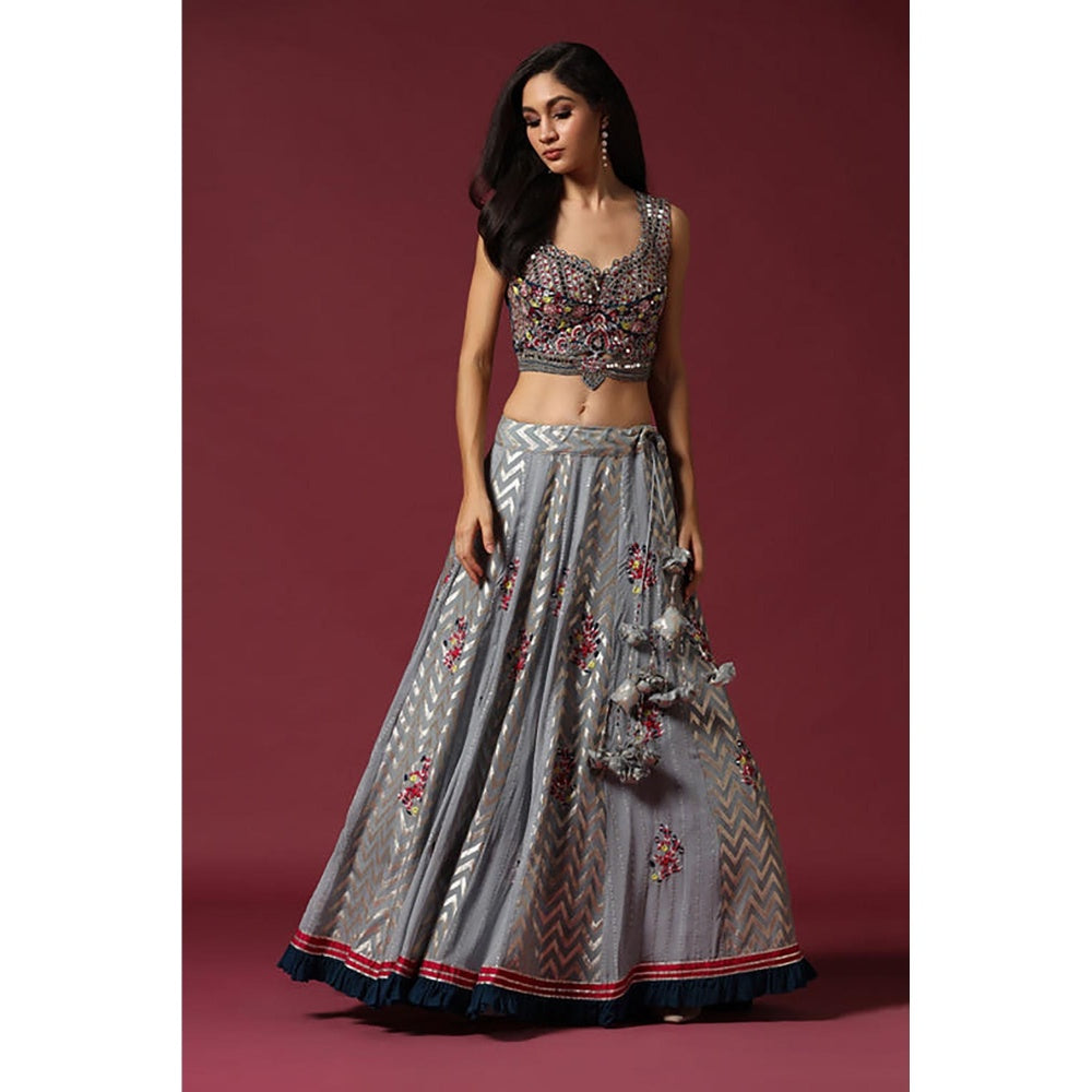"Two Sisters" by Gyans Grey Embroidered Banarasi Lehenga Set