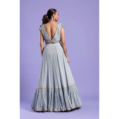 "Two Sisters" by Gyans Ice Blue And Silver Patra Lehenga Set