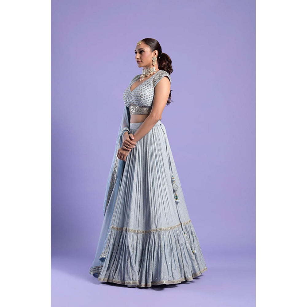 "Two Sisters" by Gyans Ice Blue And Silver Patra Lehenga Set