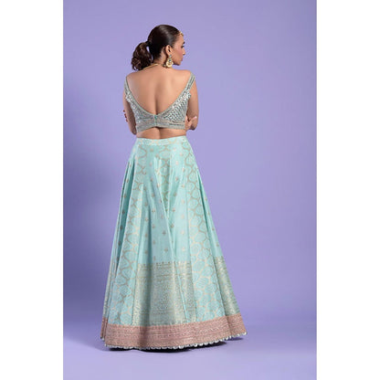 "Two Sisters" by Gyans Turquoise Embellished Banarasi Lehenga Set