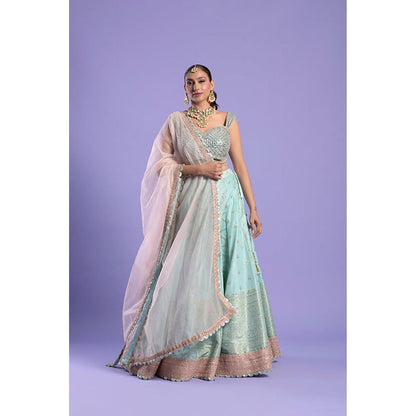 "Two Sisters" by Gyans Turquoise Embellished Banarasi Lehenga Set