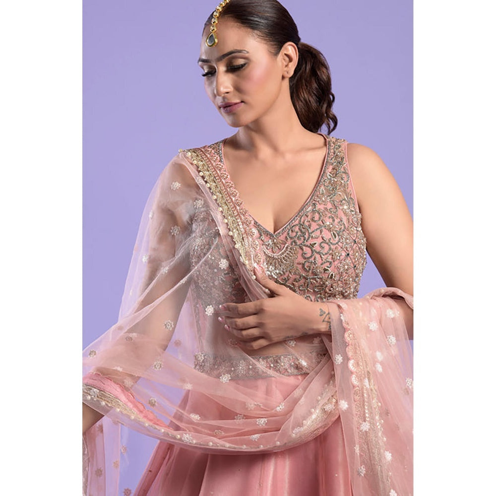 "Two Sisters" by Gyans Pink Zardozi And Woven Tissue Lehenga Set