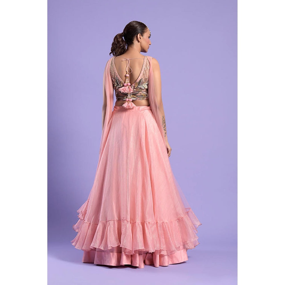 "Two Sisters" by Gyans Pink Embellished Tissue Lehenga Set