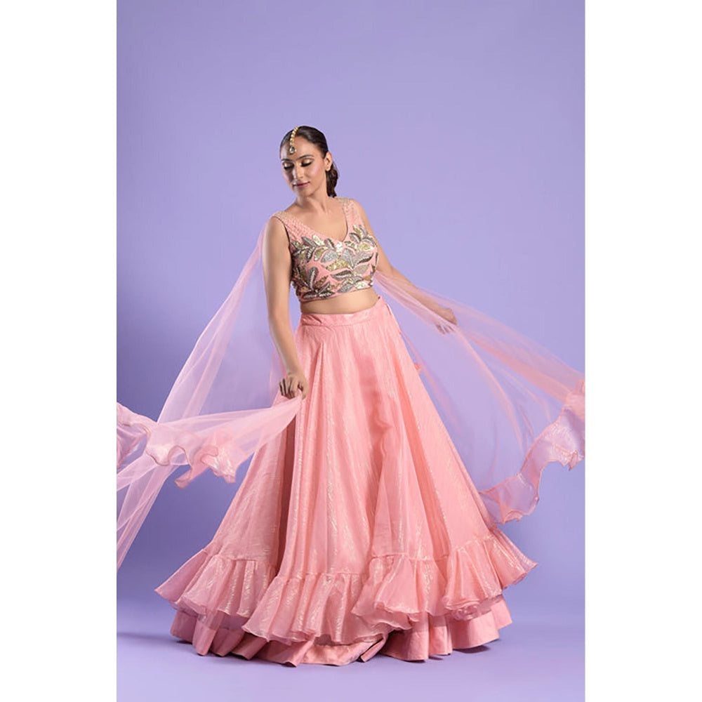 "Two Sisters" by Gyans Pink Embellished Tissue Lehenga Set