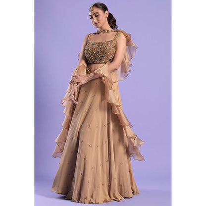 "Two Sisters" by Gyans Gold Georgette Embroidered Sleeveless Skirt With Blouse And Dupatta