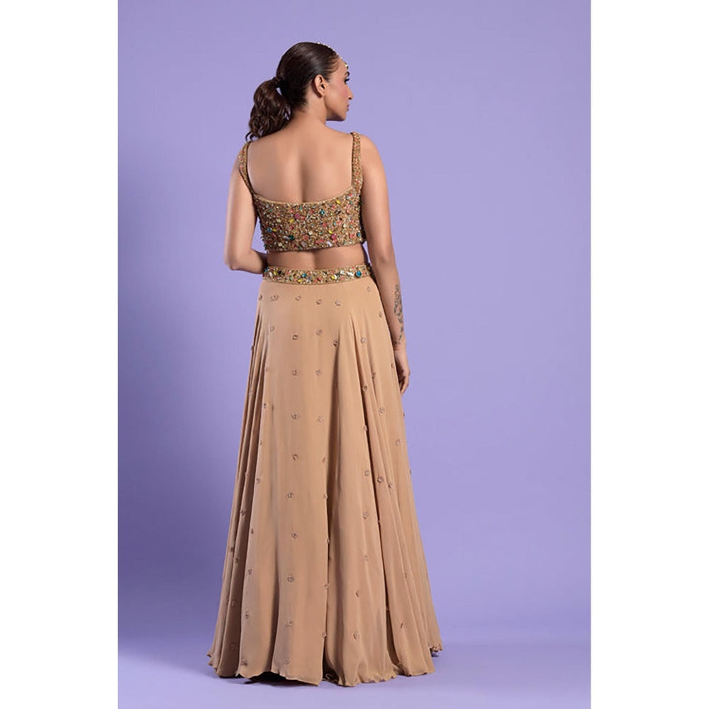 "Two Sisters" by Gyans Gold Georgette Embroidered Sleeveless Skirt With Blouse And Dupatta