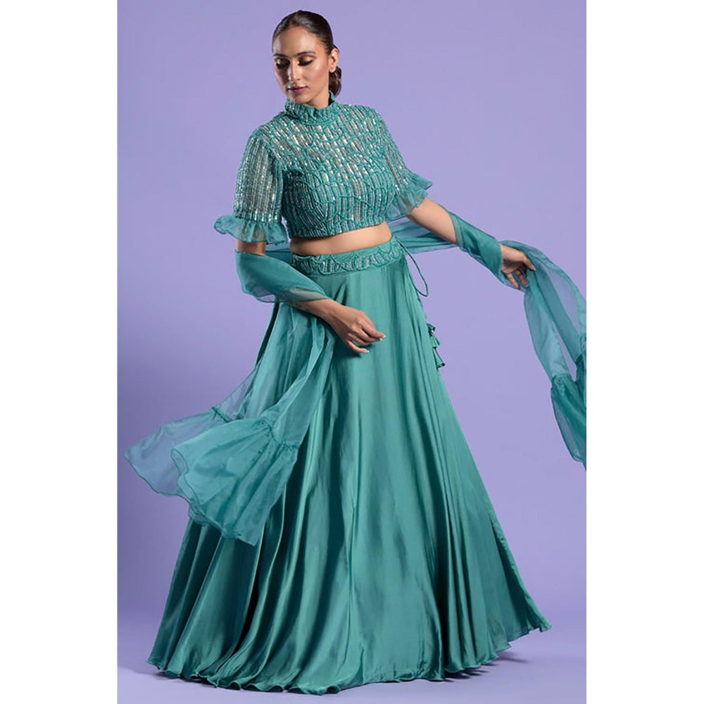 "Two Sisters" by Gyans Teal High Neck Lehenga Set