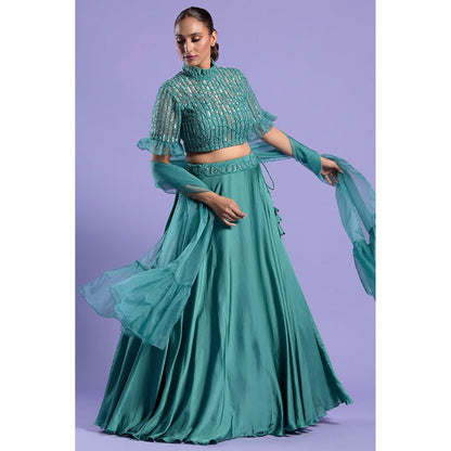 "Two Sisters" by Gyans Teal High Neck Lehenga Set