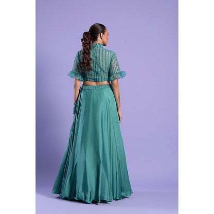 "Two Sisters" by Gyans Teal High Neck Lehenga Set