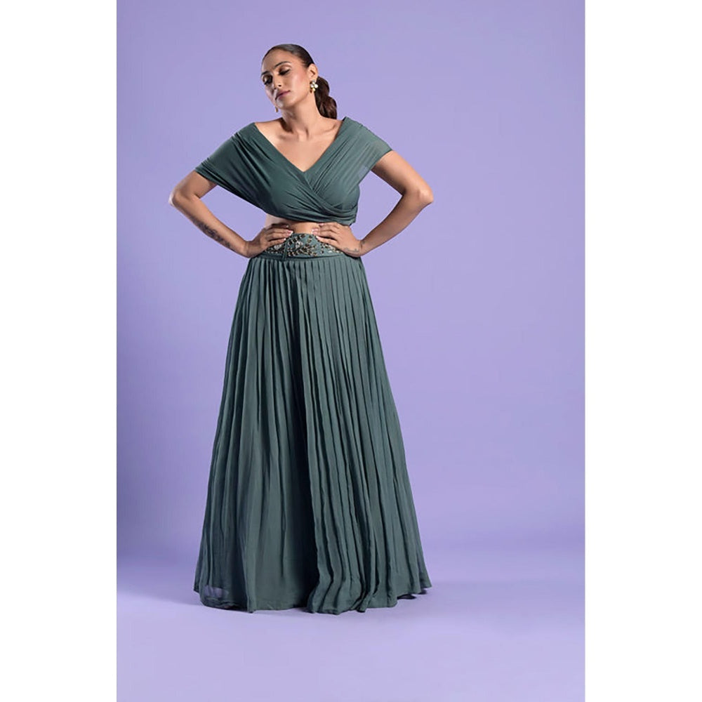 "Two Sisters" by Gyans Green Lycra Embroidered Half Sleeves Top And Skirt