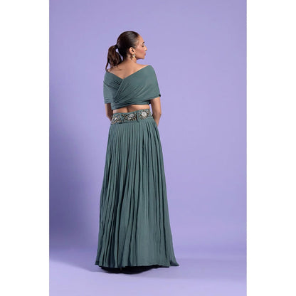 "Two Sisters" by Gyans Green Lycra Embroidered Half Sleeves Top And Skirt