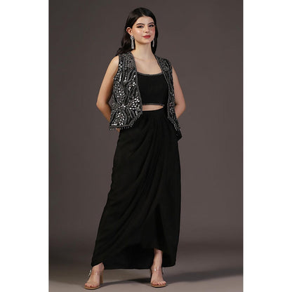 "Two Sisters" by Gyans Cropped Jacket With Crop Top And Draped Skirt